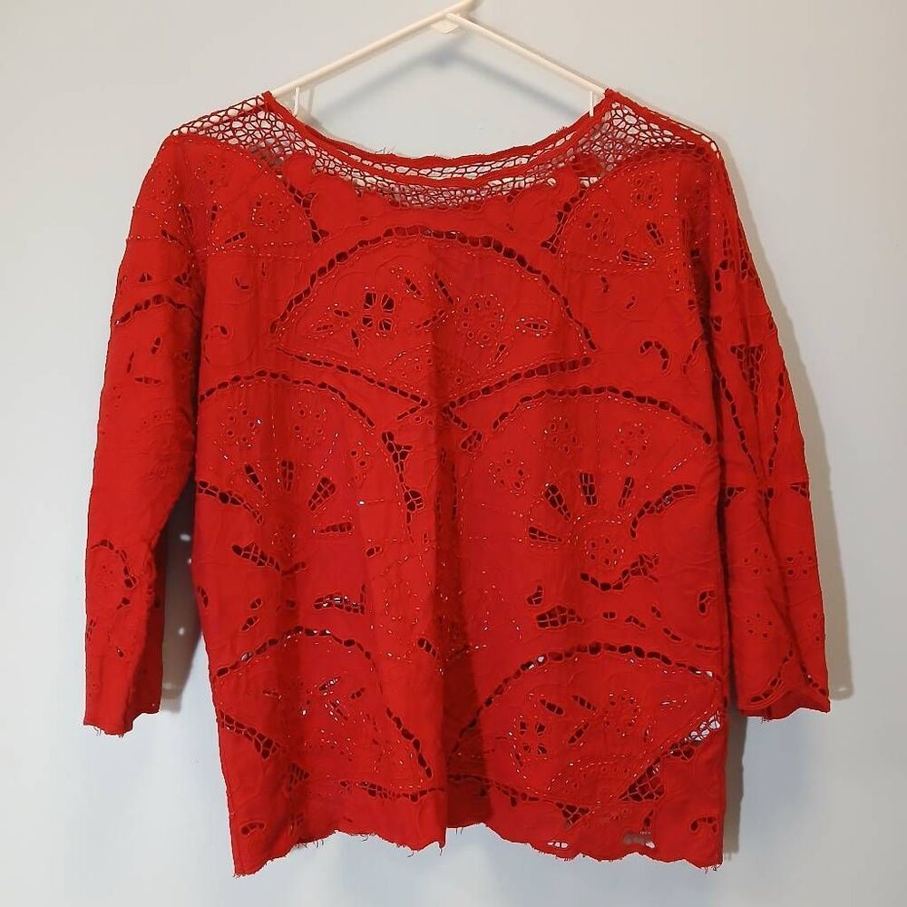 Faith resort wear womens small red eyelet top boxy shirt artisan blouse